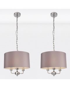 Pair of 3 Light Chrome Pendant Chandelier with Grey Fabric Shade