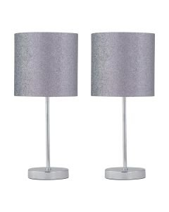 Set of 2 Chrome Stick Table Lamps with Grey Glitter Shades