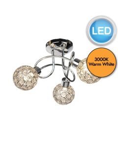 Chrome 3 Light Ceiling Fitting with Jewelled Shades with LED Bulbs