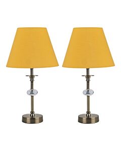 Set of 2 Antique Brass Table Lamps with Facet Detail and Ochre Shades