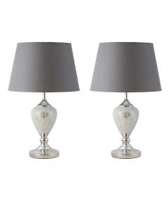 Pair of Mirrored Crackle Glass Table Lamp with Grey Shades