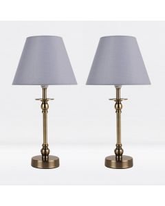 Set of 2 Antique Brass Plated Bedside Table Light with Ball Detail Column Grey Fabric Shade