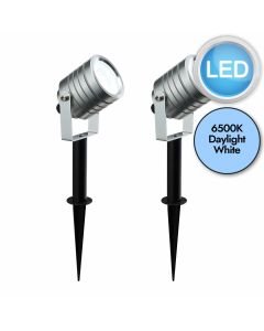 Set of 2 Silver Aluminium LED Spot Spike Lights with Inline Drivers