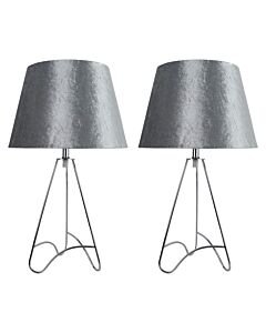 Set of 2 Tripod - Chrome Curved Tripod 45cm Table Lamps With Grey Crushed Velvet Shades