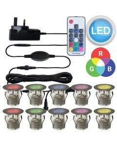 Set of 10 - 30mm Stainless Steel IP67 RGB Colour Changing LED Plinth Decking Kit