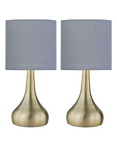 Set of 2 Romana - Antique Brass Touch Operated Table Lamps Bedside Lights Grey Cotton Shade