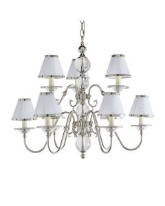 Interiors 1900 - Tilburg - 63715 - Nickel Clear Crystal Glass White Pleated 9 Light Chandelier