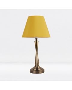 Antique Brass Plated Bedside Table Light with Curved Column Ochre Fabric Shade