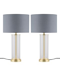 Set of 2 Aura - Satin Brass Lamps with Grey Cotton Shades