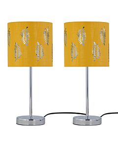 Set of 2 Chrome Stick Table Lamps with Ochre Fern Cut Out Shades