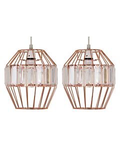 Set of 2 Beaded - Copper Cage Pendant Shade with Clear Prism Detail