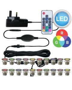 Set of 20 - 30mm Stainless Steel IP67 RGB Colour Changing LED Plinth Decking Kit