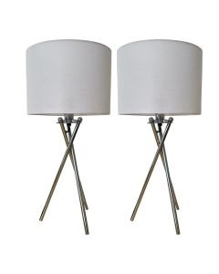 Set of 2 Chrome Tripod Table Lamps with White Linen Shades