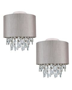 Set of 2 Silver Grey 250mm Ceiling Flush Shade with Silver Inner and Clear Droplets