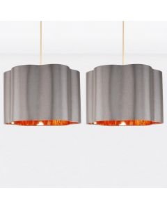 Set of 2 Grey with Copper Inner Scalloped Pendant Shades