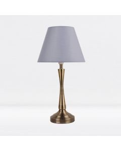 Antique Brass Plated Bedside Table Light with Curved Column Grey Fabric Shade