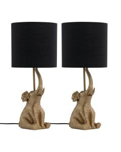 Set of 2 Elephant - Gold Resin Table Lamps With Black Fabric Shades