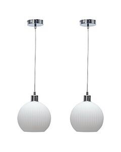 Set of 2 Betchley - White Ribbed Glass Globe with Chrome Pendant Fittings