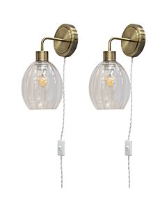 Set of 2 Toby - Antique Brass Plug in Wall Lights Fluted Shades