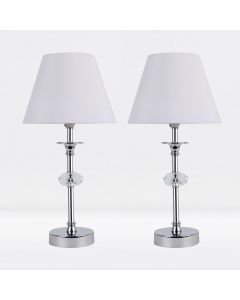Set of 2 Chrome Plated Stacked Bedside Table Light Faceted Acrylic Detail White Fabric Shade