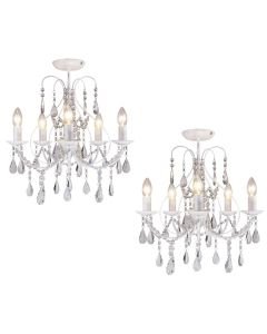 Pair of White 5 Light Crystal Chandeliers