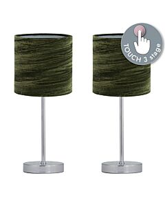 Set of 2 Chrome Touch Operated Table Lamp with Green Crushed Velvet Shades