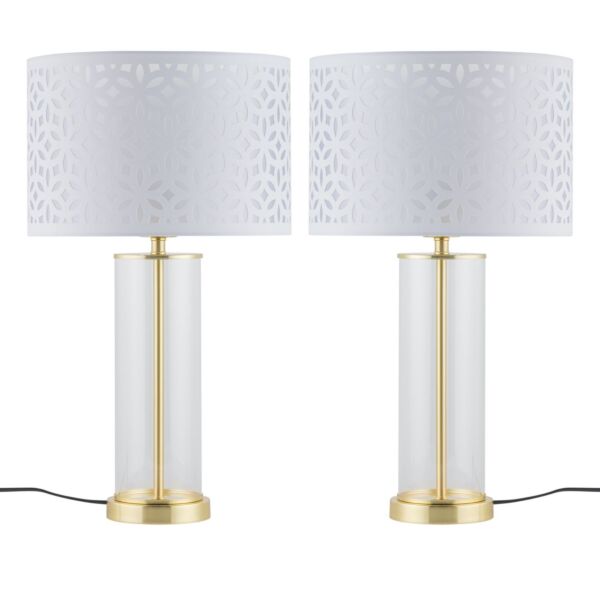 Set of 2 Aura - Satin Brass Lamps with White Cut Out Shades