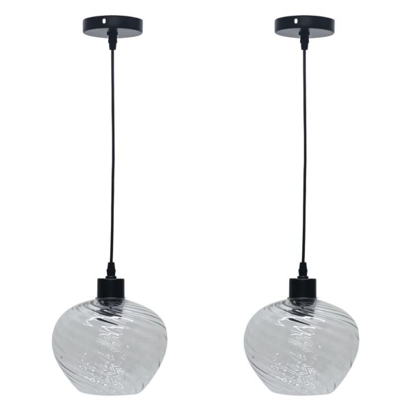 Set of 2 Bradson - Clear Swirl Glass with Black Pendant Fittings