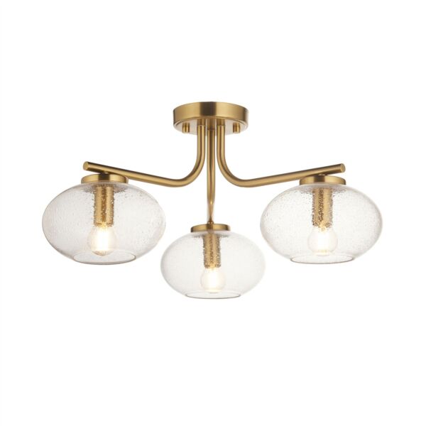 Endon Lighting - Jacob - 118507 - Warm Brass Clear Bubbled Glass 3 Light Flush Ceiling Light
