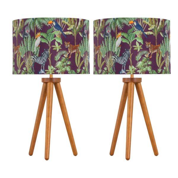 Set of 2 Dark Oak Table Lamp or Bedside Lights with Safari Shades