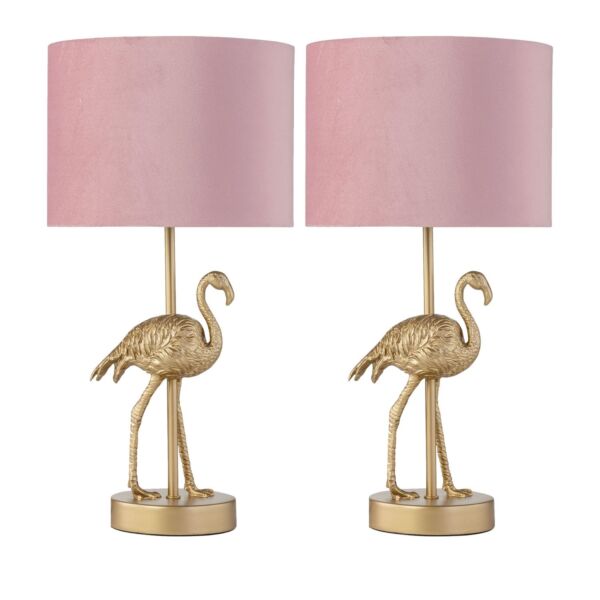 Set of 2 Flamingo - Gold Table Lamps with Pink Velvet Shades