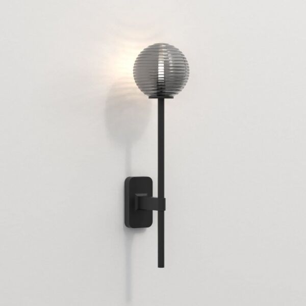 Astro Lighting - Tacoma Single Grande 1429006 & 5036005 - IP44 Matt Black Wall Light with Smoked Ribbed Glass Shade