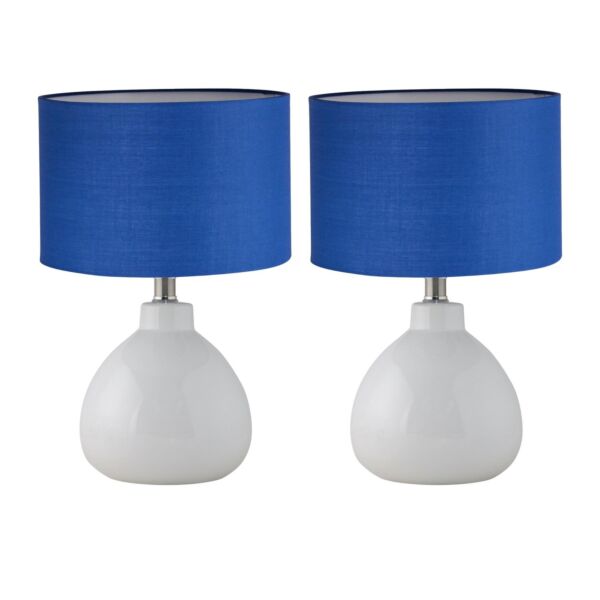 Set of 2 Tuscan - White Ceramic Lamps with Navy Blue Shade