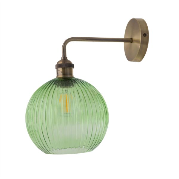 Isaac - Antique Brass Wall Light with Green Ribbed Glass Shade