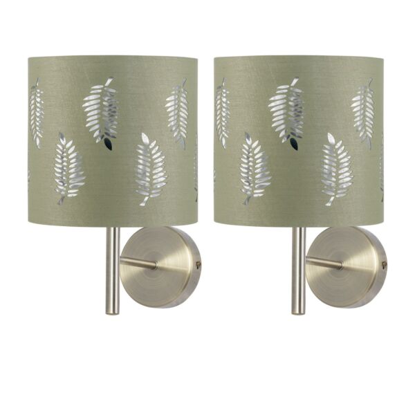 Set of 2 Brea - Antique Brass Wall Lights with Sage Green Fern Shades