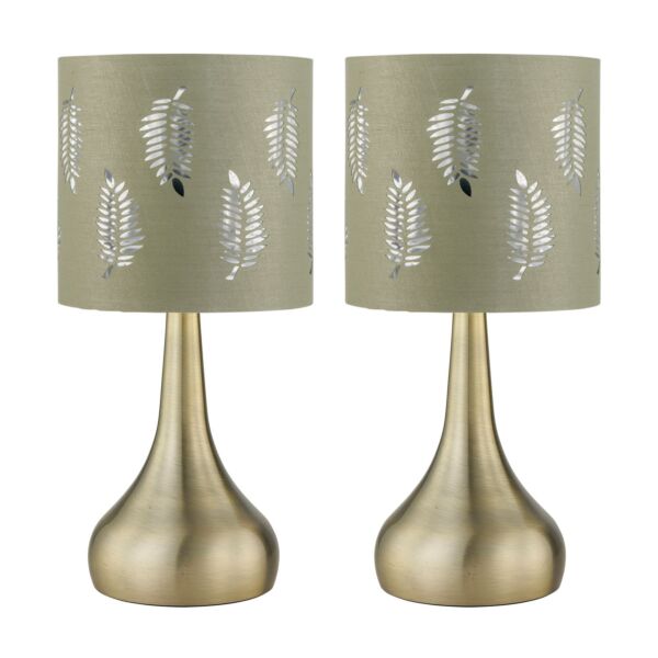 Set of 2 Romana - Antique Brass Touch Lamps with Sage Green Fern