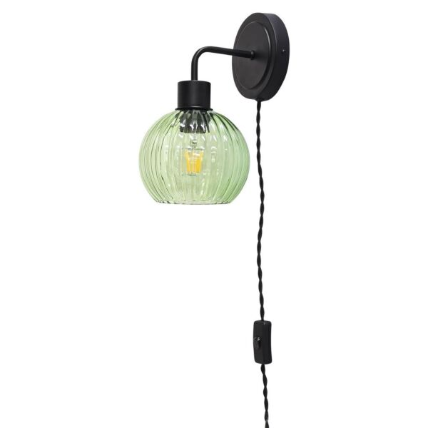 Toby - Black Plug in Wall Light with Betchley Green Ribbed Shade