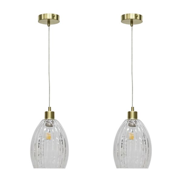 Set of 2 Birch - Clear Fluted Glass with Satin Brass Pendant Fittings