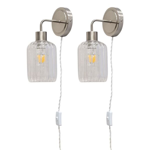 Set of 2 Toby - Satin Nickel Plug in Wall Lights Ribbed Glass Shades