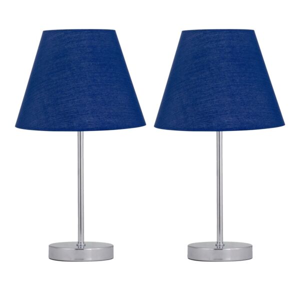 Set of 2 Chrome Touch Operated Table Lamps with Navy Blue Shades
