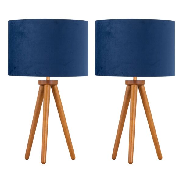 Set of 2 Dark Oak Table Lamp or Bedside Lights with Blue Velvet Shades