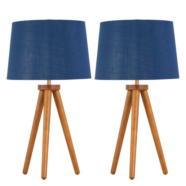 Set of 2 Dark Oak Table Lamp or Bedside Lights with Navy Silver Shades