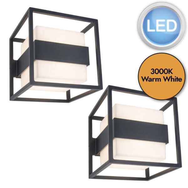 Set of 2 Cruz - LED Dark Grey Opal IP54 Outdoor Wall Lights