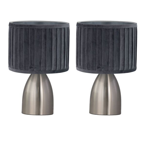 Set of 2 Valentina - Brushed Chrome Touch Lamps with Grey Pleated Velvet Shades