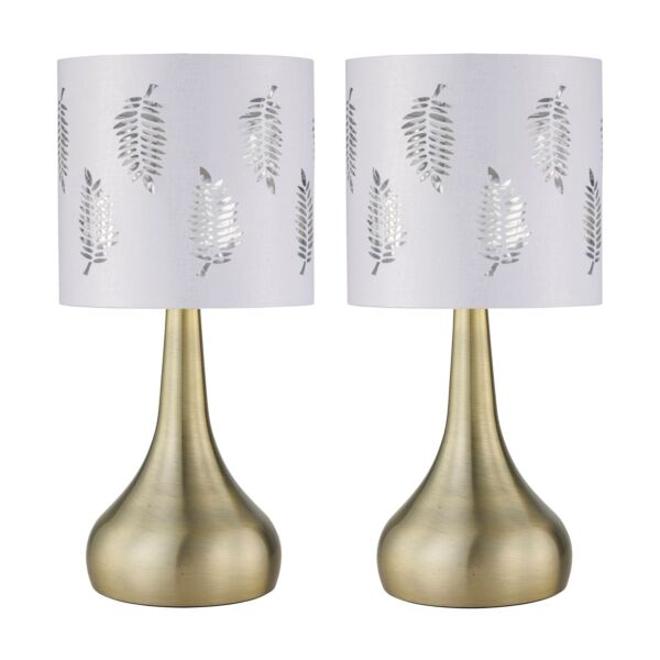 Set of 2 Romana - Antique Brass Touch Lamps with White Fern Shades