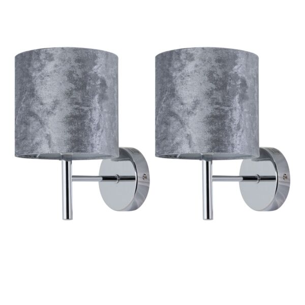 Set of 2 Brea - Chrome Wall Lights with Grey Crushed Velvet Shades