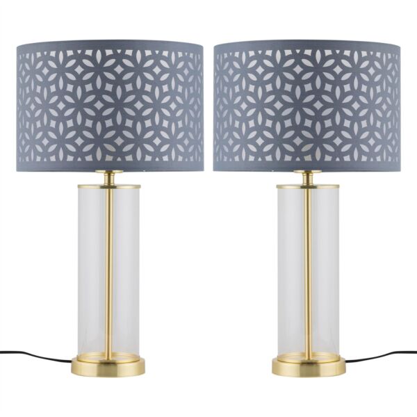 Set of 2 Aura - Satin Brass Lamps with Grey Cut Out Shades