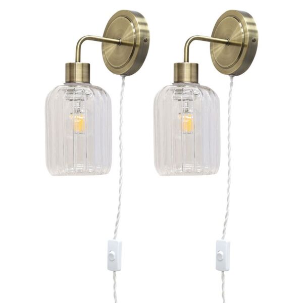 Set of 2 Toby - Antique Brass Plug in Wall Lights Ribbed Glass Shades