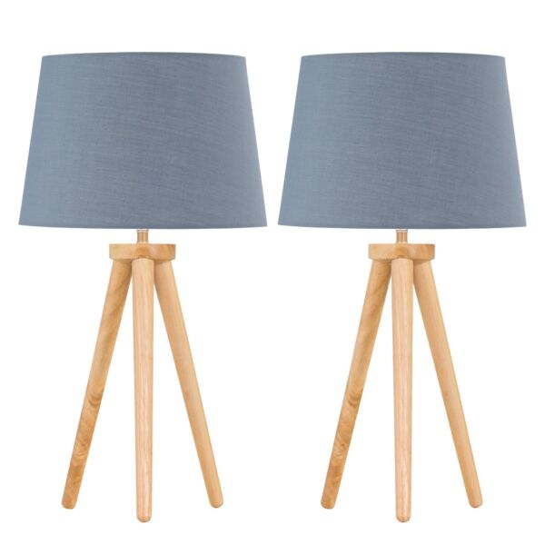 Set of 2 Light Oak Table Lamp or Bedside Lights with Grey Shades