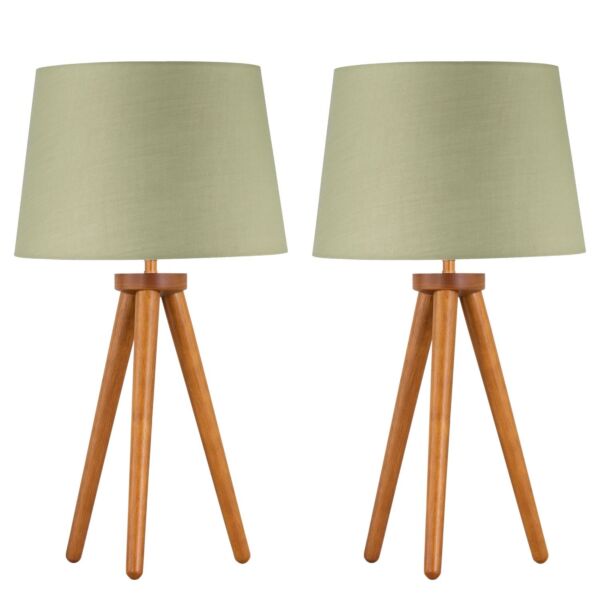 Set of 2 Dark Oak Table Lamp or Bedside Lights with Sage Green Shades